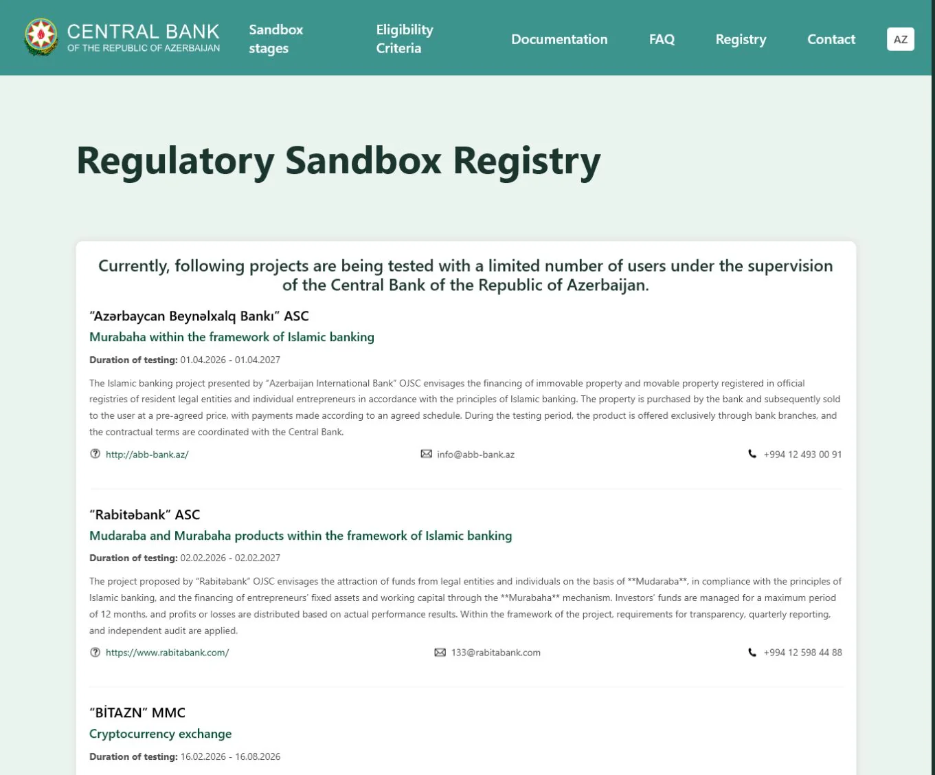 阿塞拜疆央行監管沙盒登記頁,保留 Registry 標題、有限使用者說明與 BİTAZN 2026-02-16 至 2026-08-16 測試期間